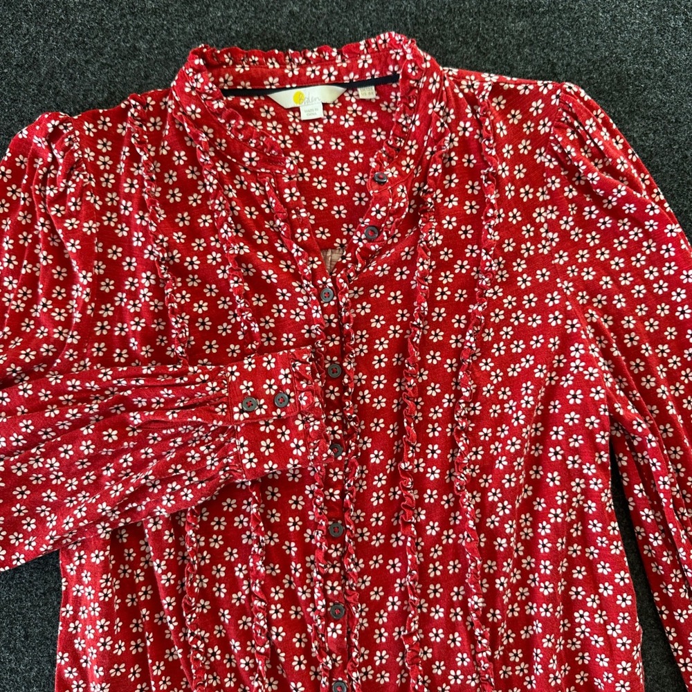 Boden Red Daisy Floral Ruffle Collar Blouse Cotton Tencel T1080 US 8R